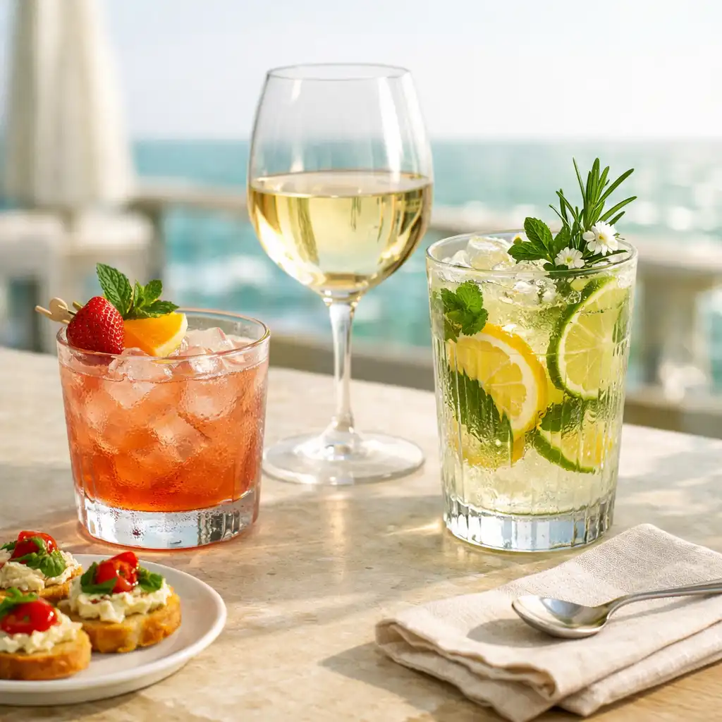 Koktél, bor és friss alkoholmentes ital világos éttermi asztalon