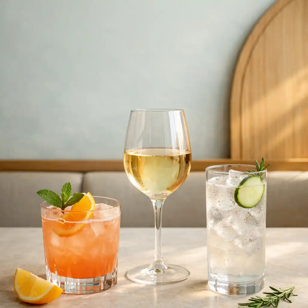 Koktél, borospohár és alkoholmentes ital világos kőpulton, természetes fényben