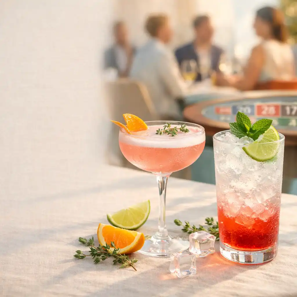 Elegáns alkoholos és alkoholmentes koktélok egy világos éttermi asztalon, beszélgető vendégekkel a háttérben