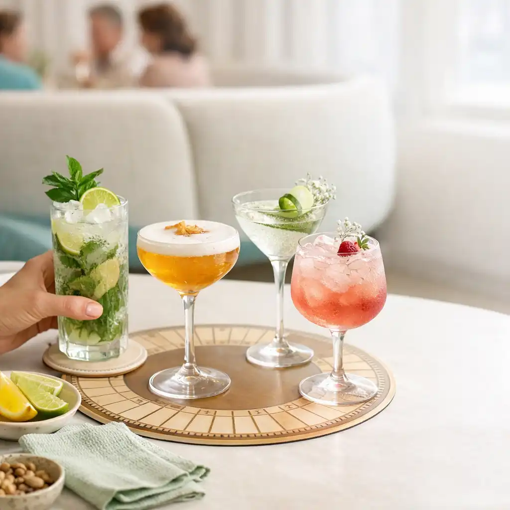 Koktélok és alkoholmentes italok világos éttermi asztalon, italért nyúló vendég kezével